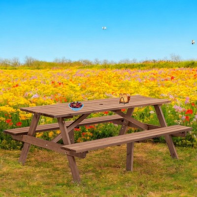 8-Person Wooden Picnic Table with Built-In Benches, Outdoor Dining Table with Umbrella Hole for Garden, Backyard, and Social Gatherings-Brown
