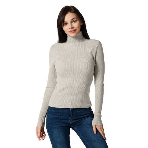 Lightweight Ribbed Turtleneck for Women - Slim Fit - Beige, Size : Small