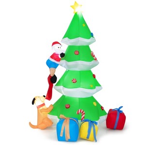 Tangkula 7FT Inflatable Santa Claus Climbing Christmas Tree Chased by Dogs Lighted Blowup Decoration Tree with Ground Stakes & Sandbags - 1 of 4