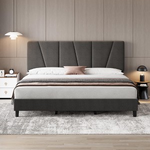 Garvee Bed Frame with Adjustable Headboard, Linen Upholstered Platform Bed Frame with Strong Wooden Slats, No Box Spring Needed, Gray - 1 of 4