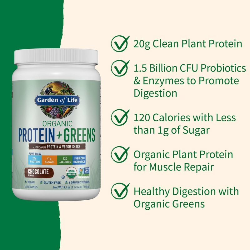 Garden of Life Organic Vegan Protein + Greens Plant Based Shake Mix - Chocolate - 19.4oz, 4 of 11