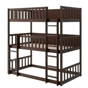 YOOCOZZ Twin Size Triple Rubber Wood Bunk Bed with Ladders and Guardrails - 1 of 4
