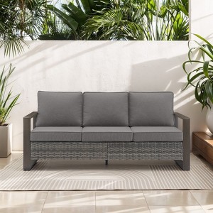 POCASSY 74.8" Outdoor 3-Seater Sofa with Meatl Armrest, Outdoor Furniture Sofa with Faux Wood Square Armrest and High Back for Porch Deck - 1 of 4