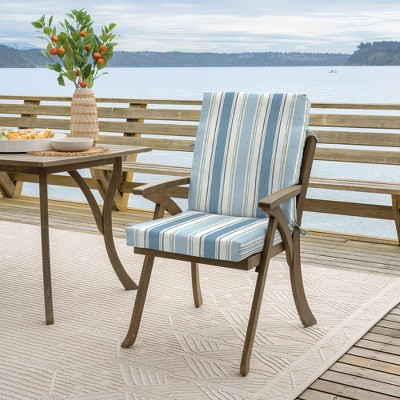French Blue Linen Stripe Outdoor Dining Chair Cushion