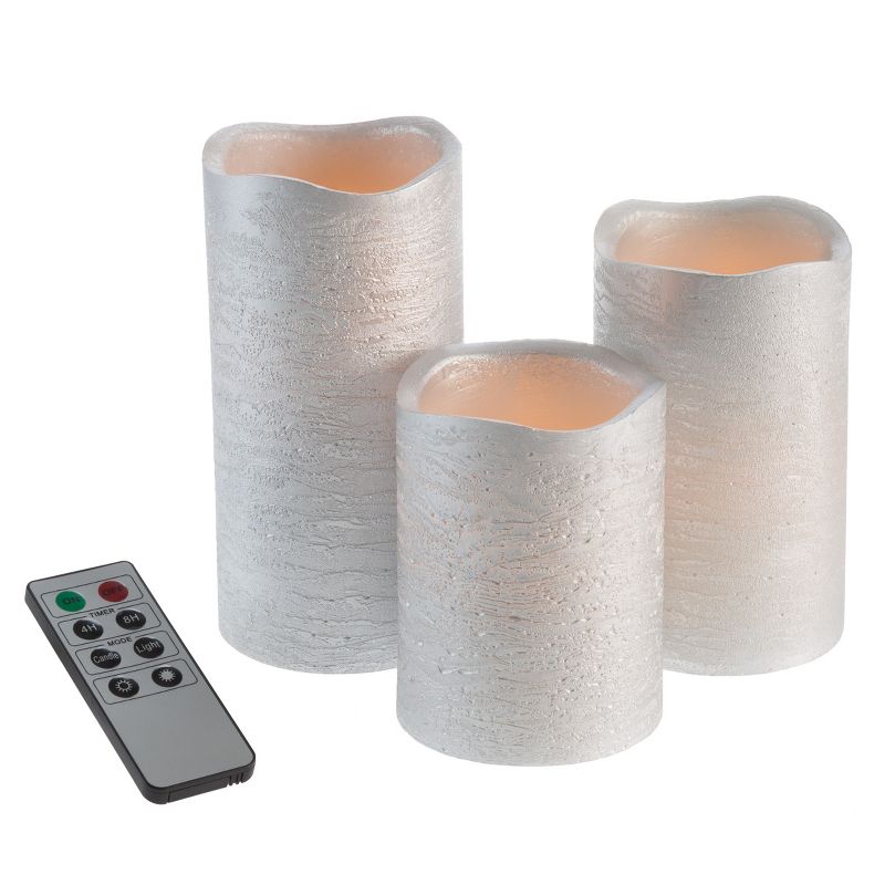 Set of 3 Flameless LED Candles with Remote - Real Wax Battery-Powered Pillar Candles with Timer and Distressed Metallic Finish by Lavish Home (Silver), 1 of 9