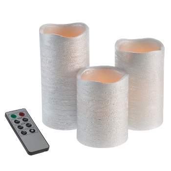 Set of 3 Flameless LED Candles with Remote - Real Wax Battery-Powered Pillar Candles with Timer and Distressed Metallic Finish by Lavish Home (Silver)