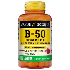 Mason Natural Vitamin B 50 Complex All Eleven "B" Factors - Supports Heart and Nervous System Health, Essential Nutrient Supplement, 100 Tablets - 1 of 4