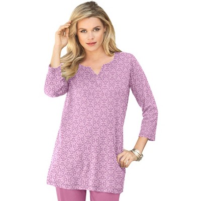 Roaman's Women's Plus Size Three Quarter Notch Neck Soft Knit Tunic