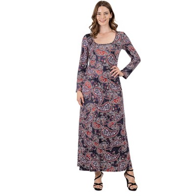 24seven Comfort Apparel Long Sleeve Black Paisley A Line Maxi Dress