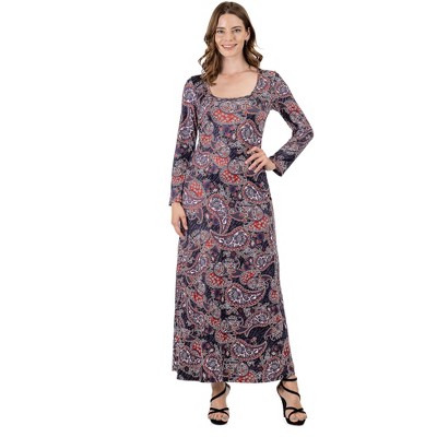 24seven Comfort Apparel Long Sleeve Black Paisley A Line Maxi Dress ...