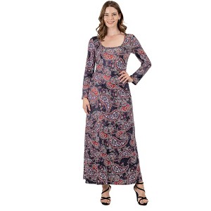 24seven Comfort Apparel Long Sleeve Black Paisley A Line Maxi Dress - 1 of 4