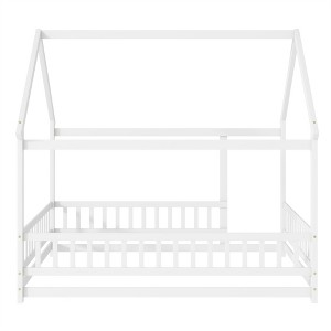 COWLOWN Full Size House Floor Bed with Roof & Safety Guardrails, Wooden Bed for Kids and Toddlers - 1 of 4