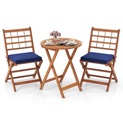 Tangkula 3 Piece Patio Wood Bistro Set Folding Table Chair Set w/Soft Seat Cushions Acacia Wood Frame High-Back Portable Chairs