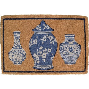 HomeRoots 20" X 30" Brown Blue And White Chinoiserie Coir Abstract Outdoor Door Mat - 1 of 4