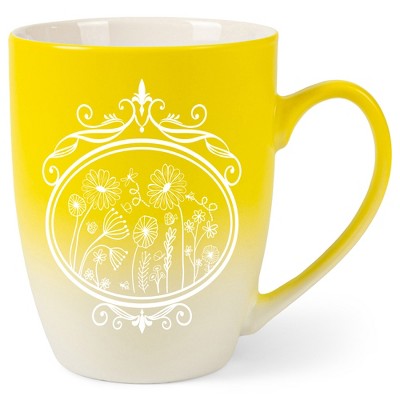 Elanze Designs Flowers in Circle Two Toned Ombre Matte Yellow and White 12 ounce Ceramic Stoneware Coffee Cup Mug