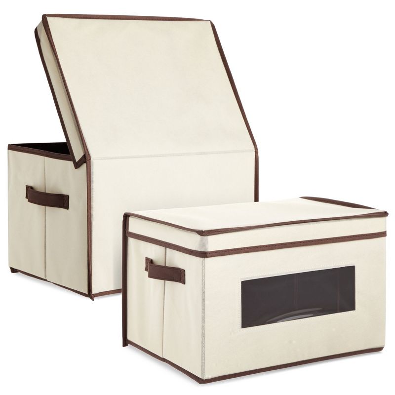 Juvale 3 Pack Collapsible Fabric Storage Bins Cubes, Decorative Foldable Boxes with Window & Lid - Beige, Large, 16.25 x 12 x 10 Inches, 5 of 10