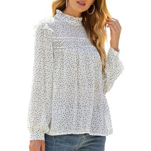 Anna-Kaci Women's Long Sleeve Polka Dot Blouse with High Smocked Neckline and Flowing Relaxed Fit - 1 of 4
