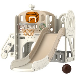 Infurnic Baby Activity Gyms, Toddler Slide Playset with Basketball Hoop and Telescope, Indoor Playground for Kids, Beige, 60.2"*73.2"*43.7" - 1 of 4