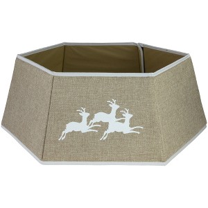 Northlight 26" Beige Burlap with Reindeer Hexagonal Christmas Tree Collar - 1 of 4