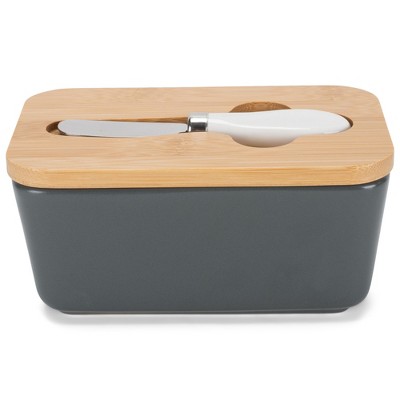 Nat & Jules Matte Grey 6.5 x 4 Ceramic and Bamboo Butter Dish With Knife Lid