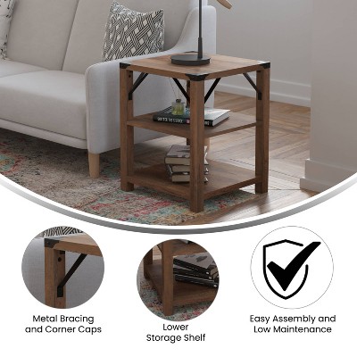 Rustic Oak and Metal 3-Tier Square End Table