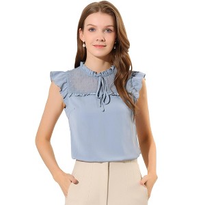 INSPIRE CHIC Women's Chiffon Ruffle Stand Collar Tie Summer Cap Sleeve Blouses - 1 of 4