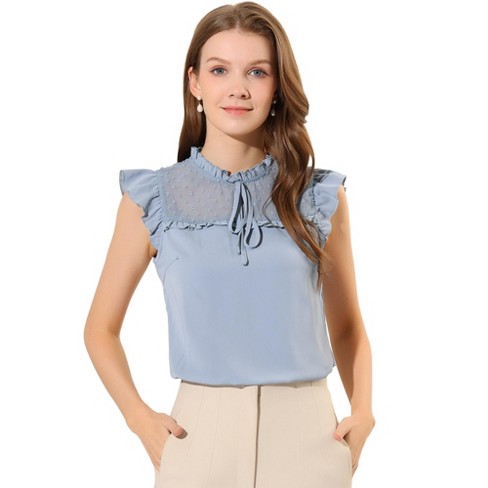 INSPIRE CHIC Women's Chiffon Ruffle Stand Collar Tie Summer Cap Sleeve Blouses - image 1 of 4