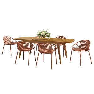 XINGHANZHENXUAN White 7-Piece Outdoor Modern Expandable Dining Set, Acacia Wood Table and Durable Metal Legs for Garden, Patio, Backyard - 1 of 4