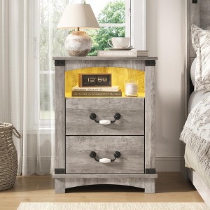 Wood Nightstand with 2 Storage Drawers, LED Light, Charger Station & Ceramic Handle, Farmhouse Night Stand - 1 of 4