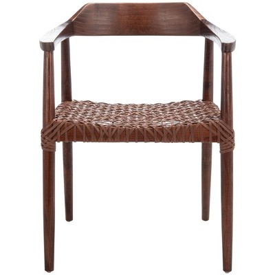 Walnut-Cognac Mid-Century Leather Woven Accent Chair