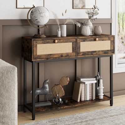 39.3" Console Table, 2-Tier Rattan Sofa Table, Wooden Entrance Table with 2 Drawers for Entryway, Living Room, Hallway