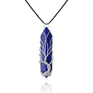 Tree of Life Crystal Necklace, Wire Wrapped Natural Stone Reiki Healing Jewelry Lapis Lazuli-Silver-Leather Chain - 1 of 4