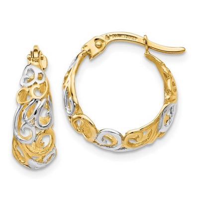 Black Bow Jewelry 6x16mm (5/8 Inch) 14k Yellow Gold & Rhodium Ornate Tapered Round Hoops