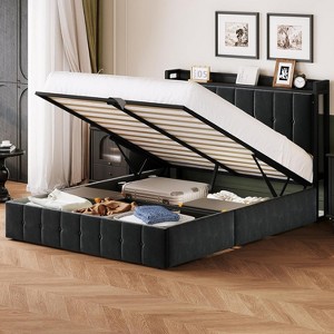Lift Up Storage Bed, Velvet Frame with Storage Headboard, Hydraulic Lift, Metal Platform – Full/Queen/King, No Box Spring Needed, Noise-Free - 1 of 4