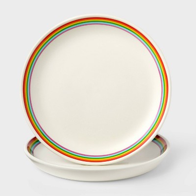 Pride Set of 2 Spill the Tea Rainbow Ceramic Stoneware Snack Plates Cream