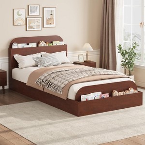 DobleePy Twin Walnut Wooden Bed Frame with Storage Headboard and Raised Footboard, Low Platform for Kids, Sturdy Slats, No Box Spring Needed - 1 of 4