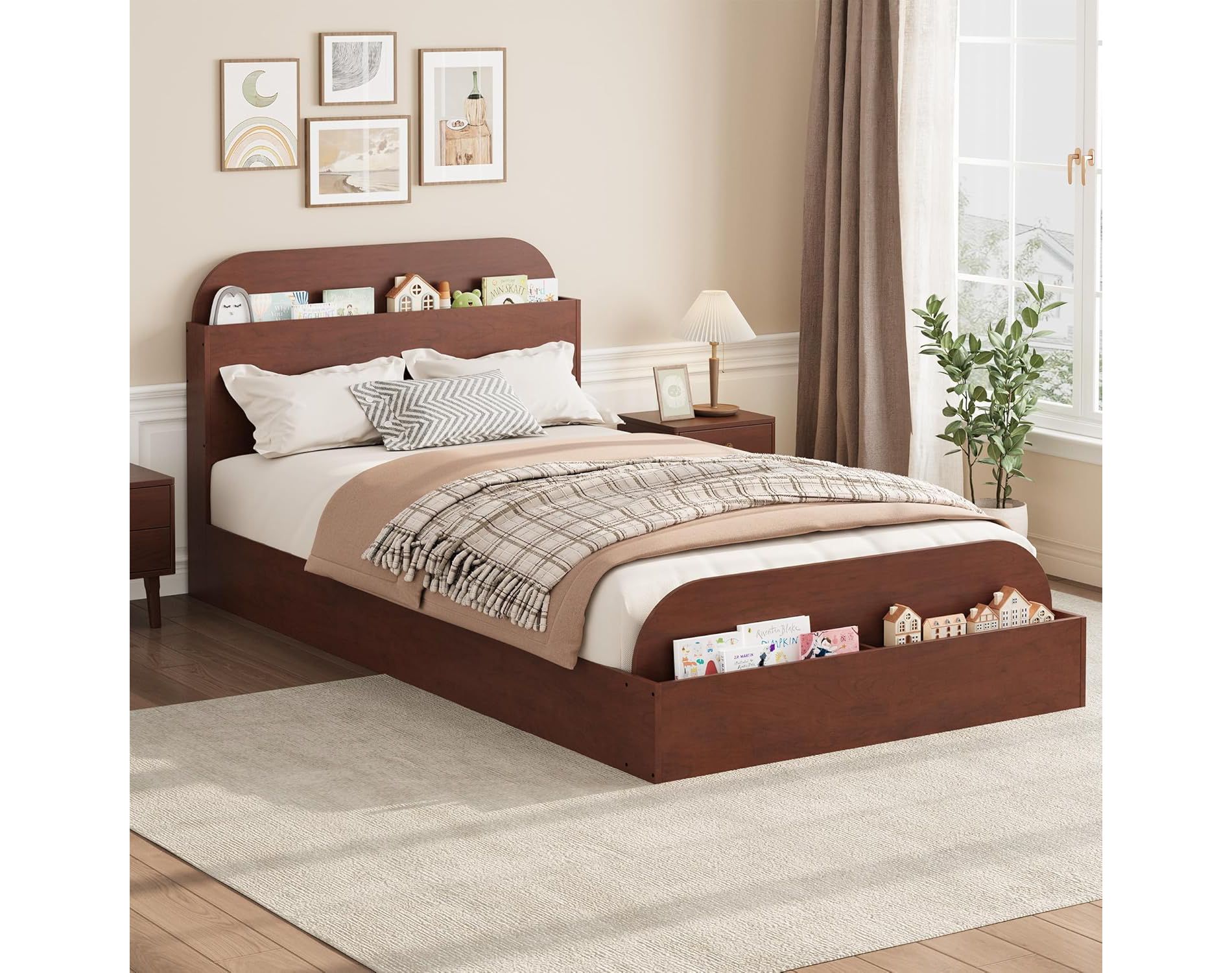 DobleePy Twin Walnut Wooden Bed Frame with Storage Headboard and Raised Footboard, Low Platform for Kids, Sturdy Slats, No Box Spring Needed,  Red
