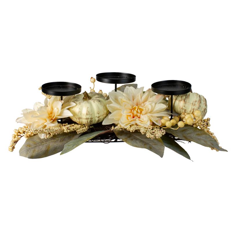 Northlight 21" White Dahlia and Pumpkin Fall Candle Holder Centerpiece, 2 of 7