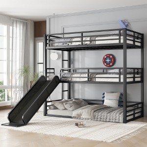 KTMBDW Metal Triple Bunk Bed, Heavy Duty Bunkbeds, Full-Length Guardrail and Slide, No Box Spring Needed, Black - 1 of 4