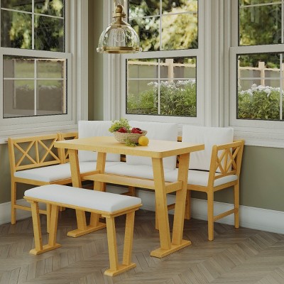 6 PCS Modular Dining Set, Farmhouse Style Dining Table and 1 Bench and 4 Chairs, Rubber Wood Frame Chair with Polyester Cushion-Baofuwish