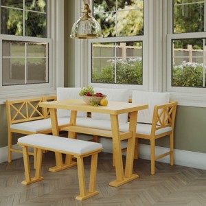 6 PCS Modular Dining Set, Farmhouse Style Dining Table and 1 Bench and 4 Chairs, Rubber Wood Frame Chair with Polyester Cushion-Baofuwish - 1 of 4