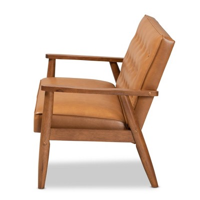 Tan Faux Leather Walnut Brown Wood Loveseat