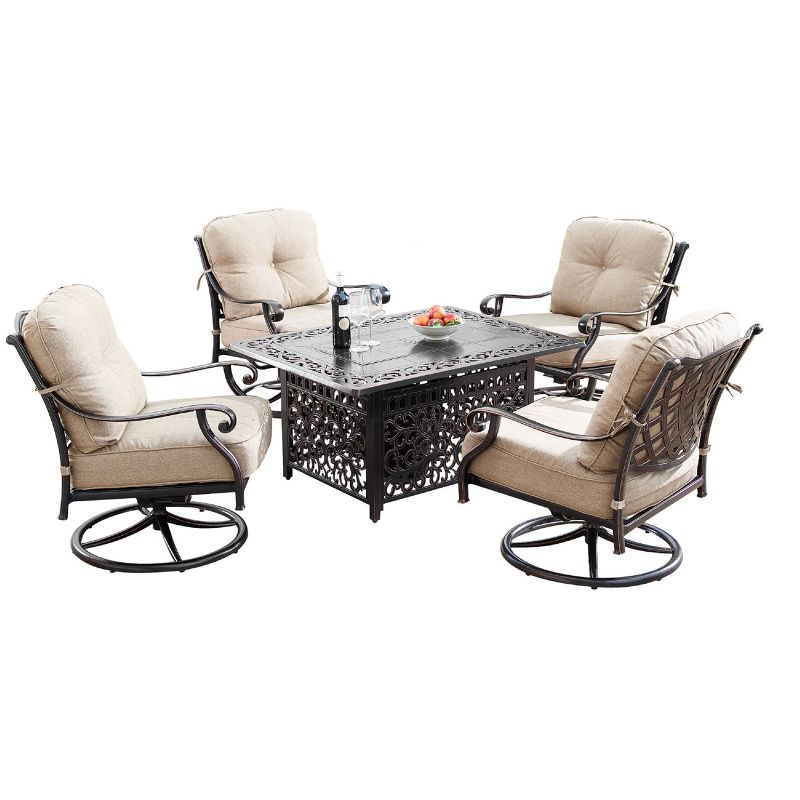 5pc Outdoor Dining Set with 48&#34; Rectangle Fire Table, Deep Seating Swivel Rocking Chairs, Wind Blocker Lid &#38; Fabric Covers - Oakland Living, 1 of 18