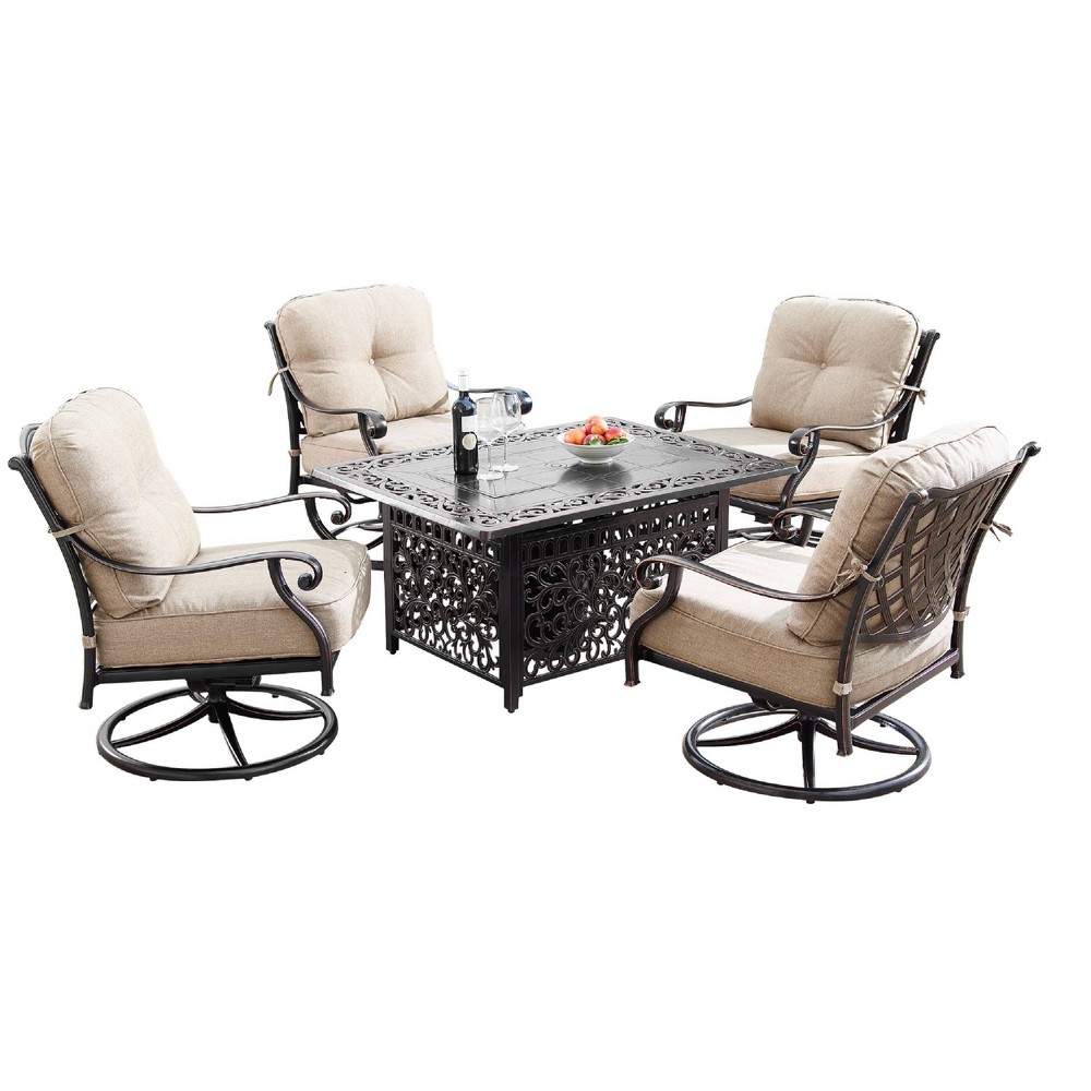 Photos - Electric Fireplace 5pc Outdoor Dining Set with 48" Rectangle Fire Table, Deep Seating Swivel