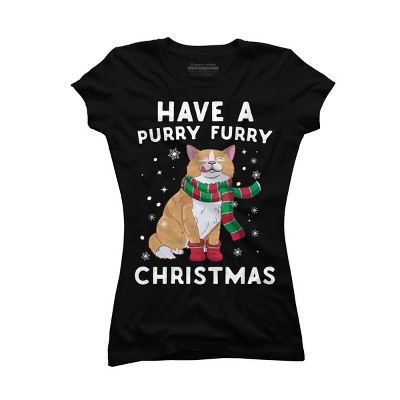 Junior's Design By Humans Have A Purry Furry Christmas Cat By Freshoutlook T-Shirt