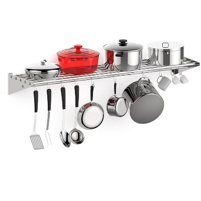 Whizmax Metal Kitchen Rack , 12" x 60" Stainless Steel Wall Mount Shelf with 10 S Hooks for Hanging Pots, Pans, Cookware in Home and Restaurant