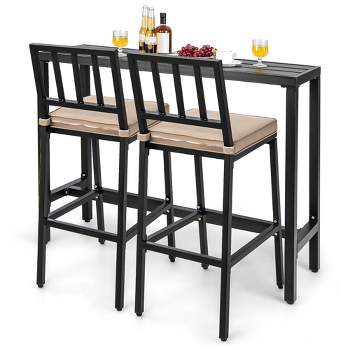 Costway 3PCS Outdoor Metal Bar Table & Chairs Set Patio Dining Table Set with Cushion