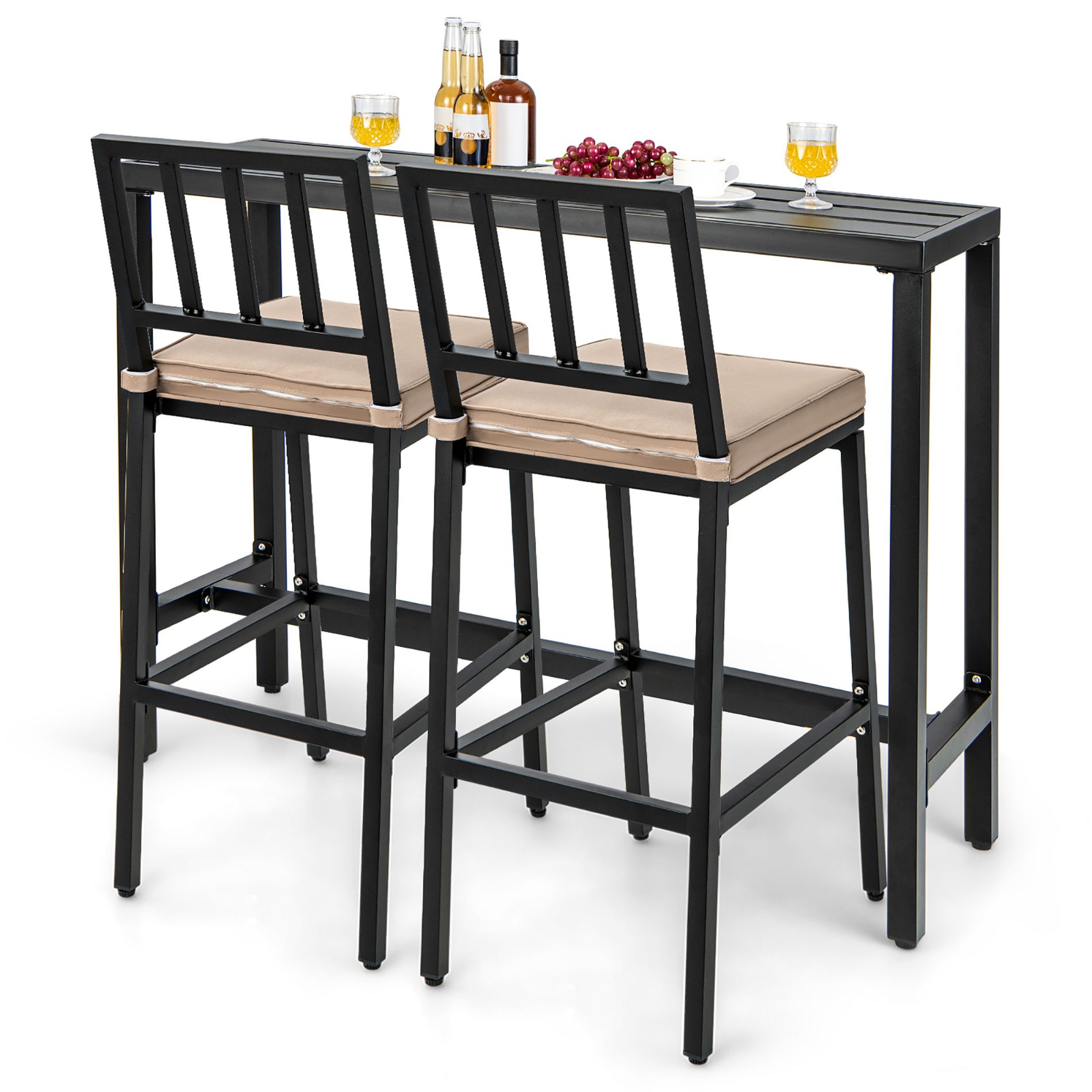 Costway 3PCS Outdoor Metal Bar Table & Chairs Set Patio Dining Table Set with Cushion