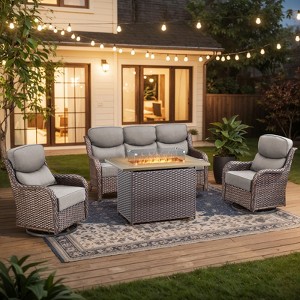 4 Pieces Wicker Outdoor Patio Rattan Sectional Conversation Set with Fire Pit Table and Patio Swivel Glider Chairs Set - 1 of 4