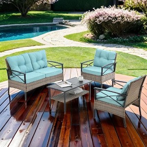 ELJGET 4 Pieces Outdoor Patio Furniture Set, Wicker Rattan Conversation Set with Table for Porch Deck, Blue - 1 of 4